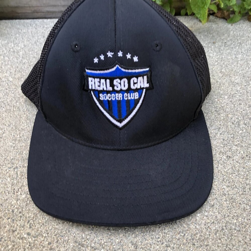 PACIFIC HEADWEAR Kids Youth Real So Cal Soccer Club Trucker Fitted Hat Black Cap